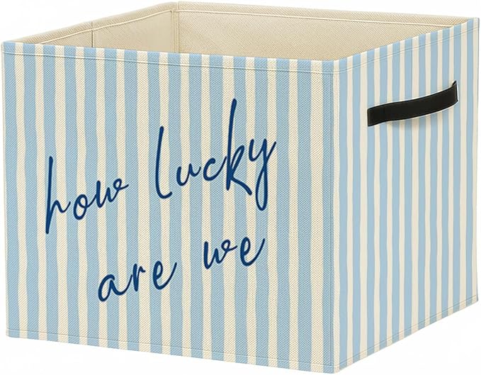 Blue Preppy Inspirational Storage Bin Box with Handles, How Lucky Are We Trendy Striped Foldable Baskets Organizer for Girls Bedroom Bathroom Clothes Toys Books, Toybox for Girls