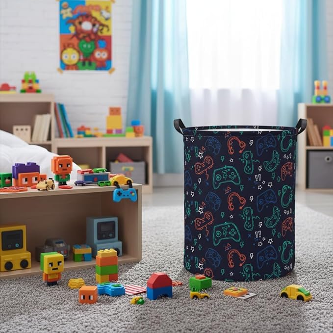 Baby Laundry Hamper kids laundry Basket Waterproof Storage Bin for Bedroom Toy Clothes Organizer Basket Woodland Animals Room Décor(Blue Game)