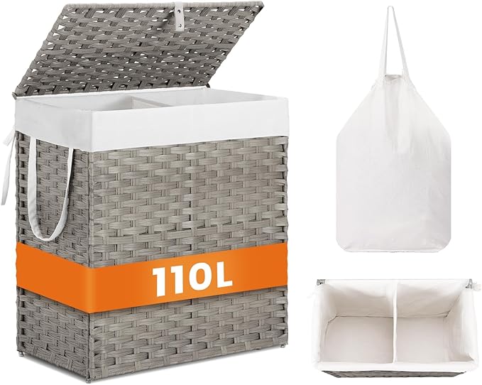 NEWBULIG Foldable Laundry Hamper with Lid, 29.1 Gallon (110L) Large Capacity Clothes Basket, Three Insert Storage Organizer Bin for Bedroom, Bathroom & Laundry Room, Grey