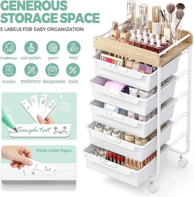 APEXCHASER Plastic Drawer Organizers with 5 Deep Drawers, Rolling Utility Cart with Wooden Top,Craft Storage Cart for Paperwork,Crafts,Snack,Kids’ Room,Nursery,White