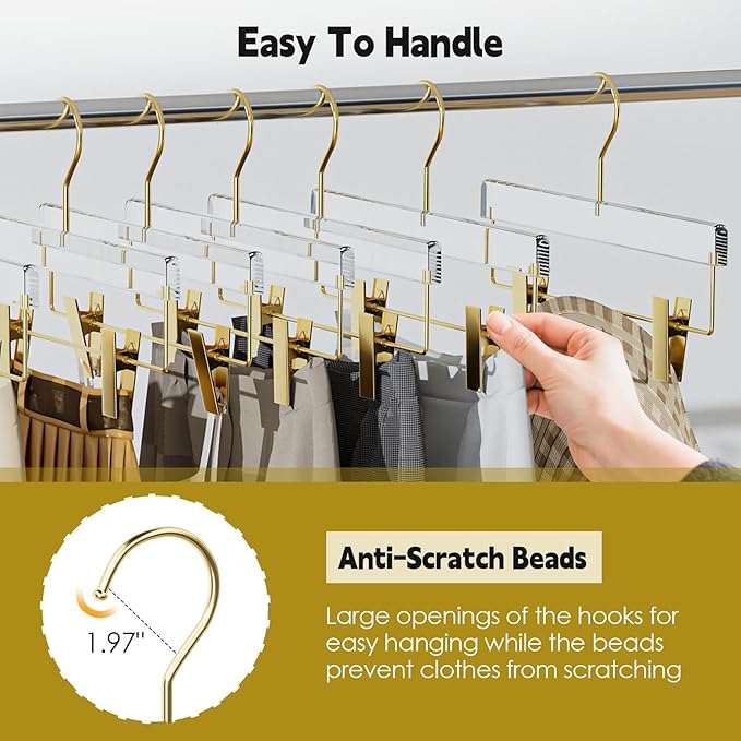 Acrylic Gold Pants Hangers with Adjustable Clips 10 Pack, Non-Slip Skirt Hanger for Women, Heavy Duty Space-Saving Clothes Organizer for Trousers, Coats, Jeans, Adults & Kids