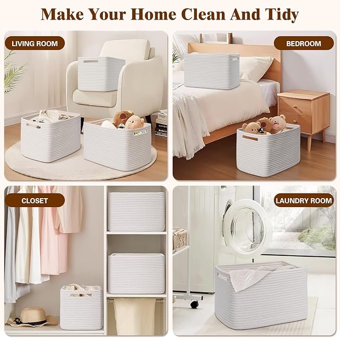 Storage Baskets for Organizing, 4 Pack Baskets for Shelves, Decorative Storage Bins for Shelves, Cotton Rope Storage Basket with Handles, Woven Basket for Storage, 13''Lx8.7''Wx7.9''H, White