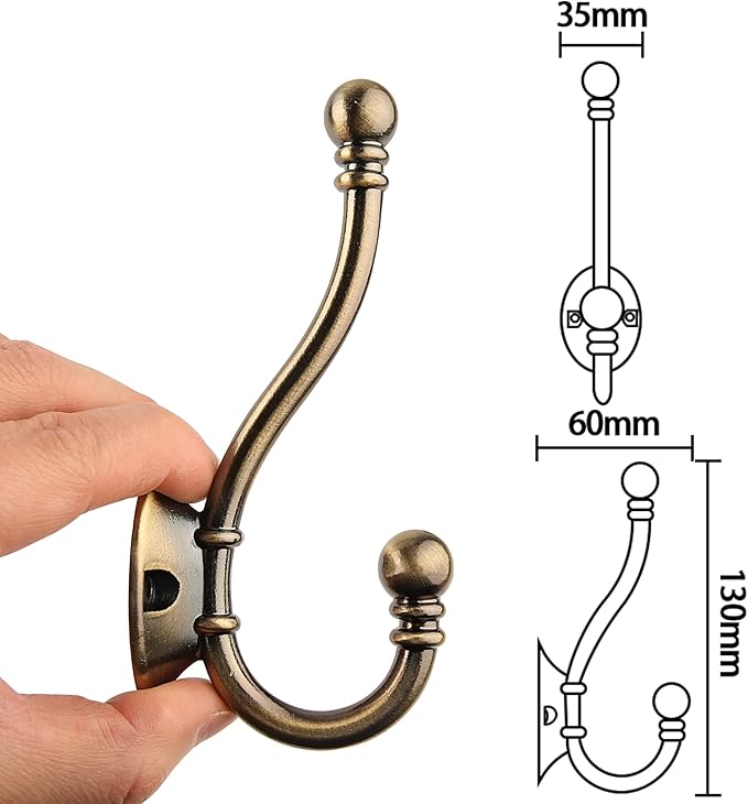 HASWARE 6 PCS Double Prong Robe Hook, Large Dual Coat Hooks with 12 Pieces Screws Wall Mounted Hooks Robe Antique Hooks Hangers Heavy Duty for Home Coats Hat Clothes Hanger Towel Keys (Antique Brass)
