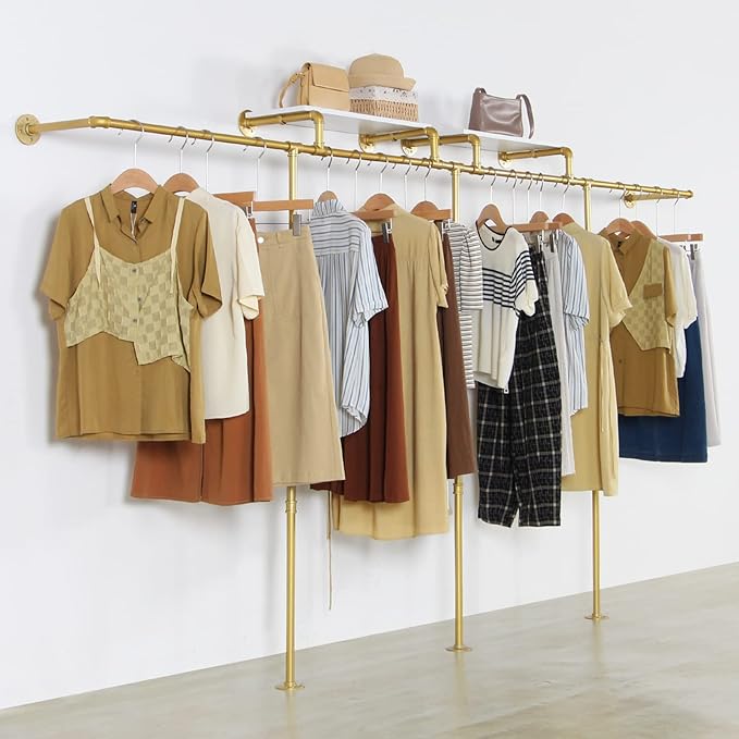 Wall Mounted Gold pipe clothing rack with 3 T-Bar Design and Nano Gold Finish with 2 Wooden Shelves Heavy Duty Wall Mounted Iron Garment Bar for Retail Display and Closet Storage