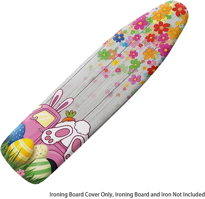 Bunny Thick Iron Board Cover with Elastic Edge Wood Print Ironing Board Covers Loop Fastener Strap Standard Size Easter Living Room Decoration