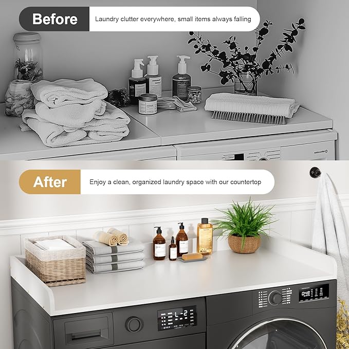 Washer Dryer Countertop, 27.5 x 54 Inch Washer and Dryer Countertop for Laundry Room Organization with Edge Wooden, White