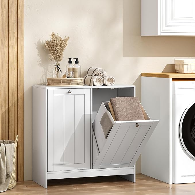 Double Tilt Out Laundry Hamper Cabinet, 11.8 Gallon Hidden Trash Cabinets with 2 Baskets for Kitchen, Freestanding Bathroom Storage Cabinet Unit, White
