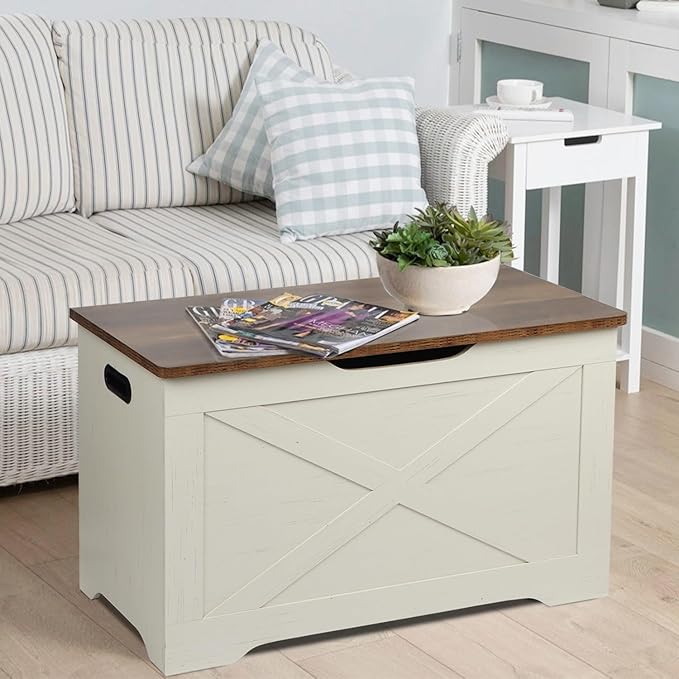 Storage Chest, Wooden Storage Bench, Entryway Shoes Bench with 2 Safety Hinges, for Living Room, Bedroom, 15.7 x 31.5 x 18.9 Inches, Brown and Rustic White