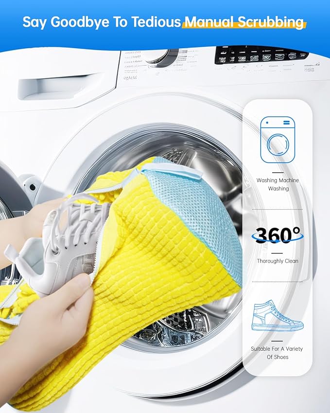 Shoe Washing Machine Bag – Reusable Laundry Shoe Bags for Washer and Dryer, Durable Chenille Microfiber with 360° Cleaning, Hidden Zipper Design for Sneakers, Tennis Shoes, Yellow, 2-Pack