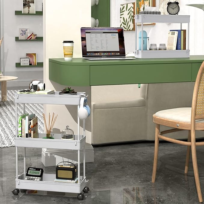 SPACEKEEPER Slim Rolling Storage Cart, 3 Tier Storage Organizer Laundry Room Organizer Mobile Shelving Unit, Multi-Purpose for Kitchen Office Bathroom Laundry Narrow Places, Gray