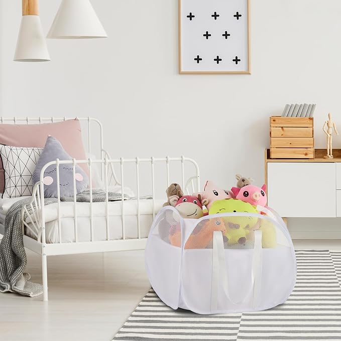 TECHMILLY Pop Up Foldable Laundry Basket, 90L Large Capacity Square & Tear Proof Laundry Hamper with Reinforced Handles for Dirty Clothes Storage in Dorm, Laundry Room, Bathroom, White(Fabric)