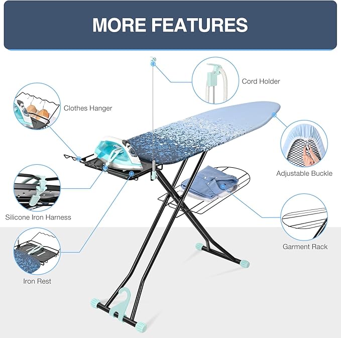 APEXCHASER Ironing Board Full Size with Iron Rest, Metal Panel Iron Board, Heat & Scorch Resistant Cover, Adjustable Height Heavy Duty Ironing Board with Germent Rack, for Home, Dorm, 15x45 Blue