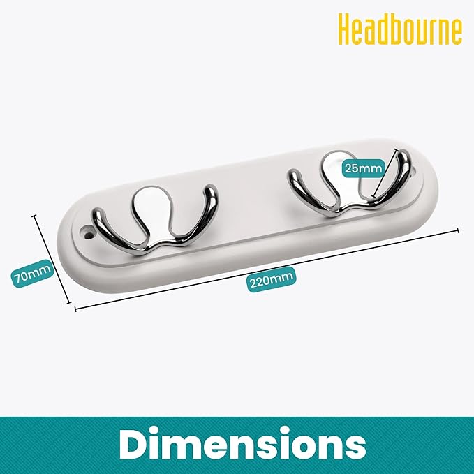 Compact Door Wall Mounted Robe Coat Rack with 2 Double Hooks, Fixings Included, 22cm, Polished Chrome on White