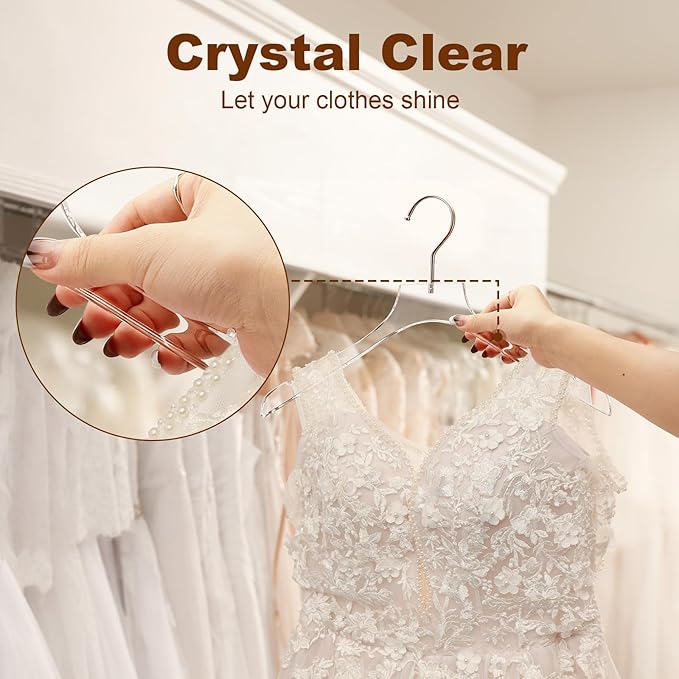 HOUSE DAY Acrylic Hangers 15 Pack, Luxury Clear Hangers for Clothes, Crystal Hanger with Non Slip Shoulder Grips, Notches, 360° Swivel Hook, for Dresses, Tops