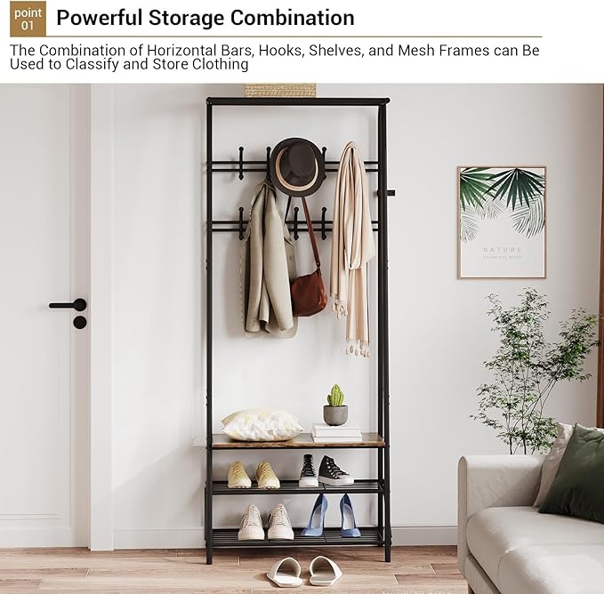 Coat Rack Shoe Bench with Double-Row 10 Hooks 60cm Width, 3-Tier Shelf Entryway Hall Tree with Storage, Metal Frame Multifunctional Organizer, 4-in-1 Coat Rack for Bathroom, Hallway.Brown.