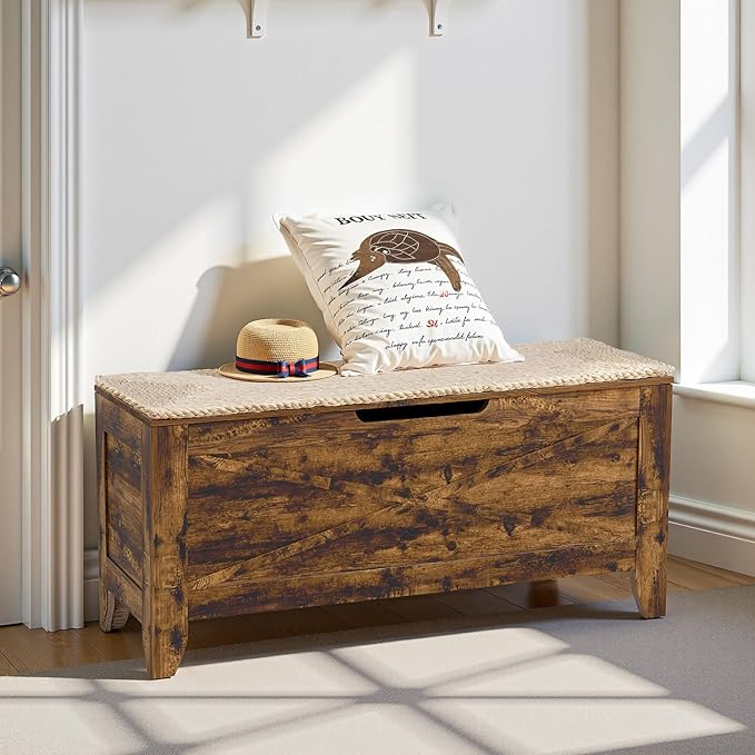 VECELO 43.3" Storage Bench, Shoe Bench with Handwoven Wicker Cushion, Ottoman Storage Trunk with Safety Hinges, Ideal for Entryway, Bedroom, Living Room, Brown