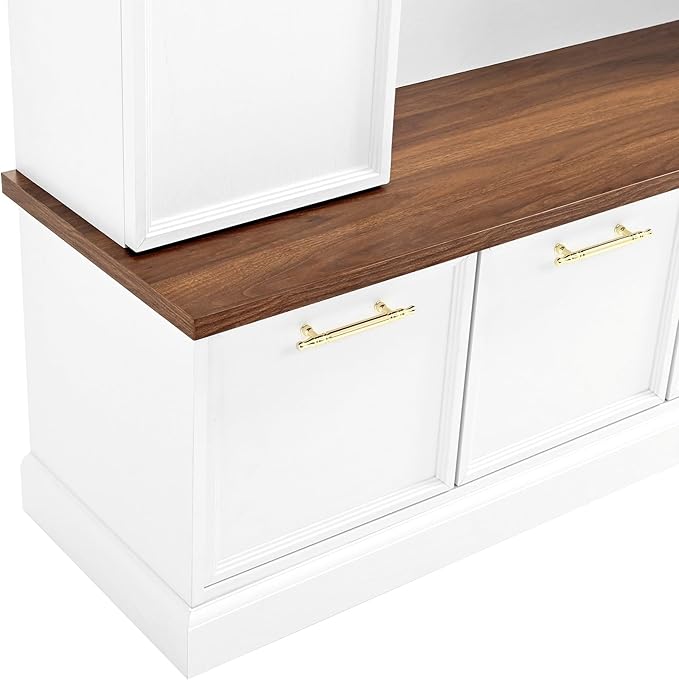 Versatile Hall Tree with Golden Hooks and 2 Doors, 5-in-1 Wood Coat Rack Entryway Shoe Cabinet with Bench& Adjustable Shelves, Functional 59'' Wide Hall Tree for Entrance Hallway (White-8.2)