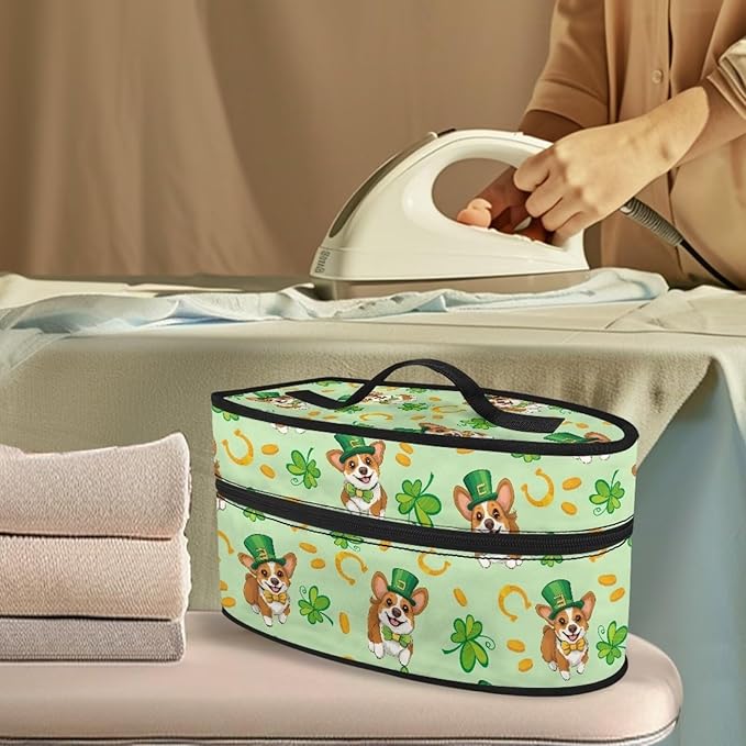 Saint Patricks Day Iron Storage Case Protective Carrying Bag Cute Reusable Four Leaf Clover Corgi Steam Iron Storage Bag with Zipper Handle Fits Outing