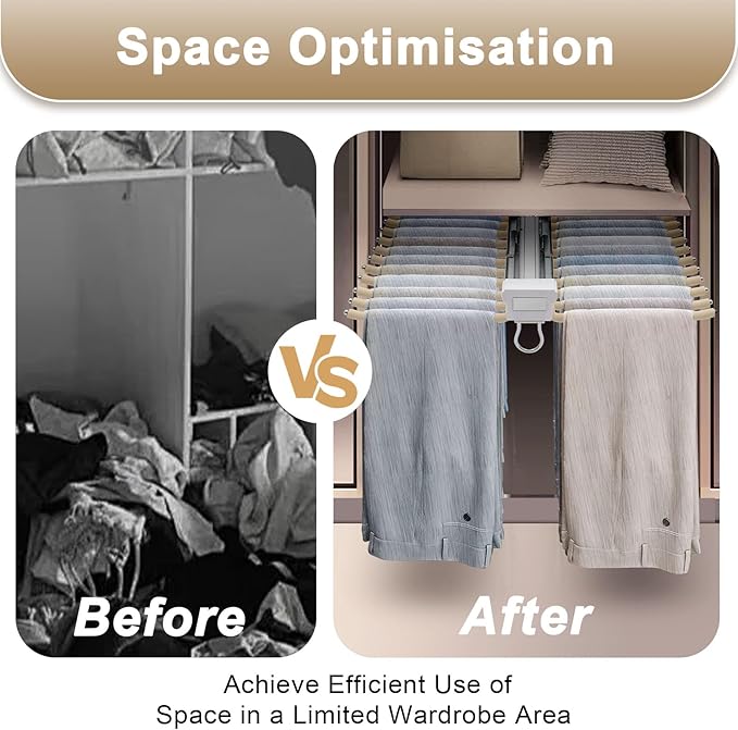 Pull Out Trousers Rack 22 Arms Closet Pants Hanger Bar Stainless Steel Hanger Rail Extendable Trousers for Clothes Towel Scarf Trousers Tie 18x23in (Beige, 22 Arms)