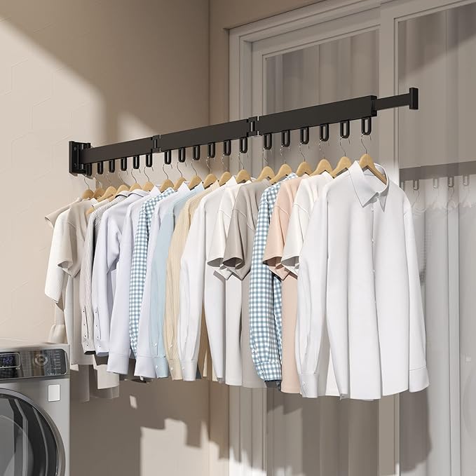 Clothes Drying Rack,Retractable Collapsible-Tri Folding Space Saver Wall Mount Drying Rack for Laundry Room/Bathroom/Window,Black