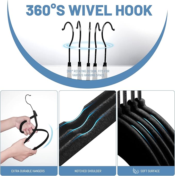 HOUSE DAY Black Velvet Hangers 240 Pack, Velvet Clothes Hangers Non Slip Felt Hangers, Heavy Duty Coat Hangers for Closet, Ultra Slim Hangers Black Hangers Space Saving Hangers for Suits, Shirt