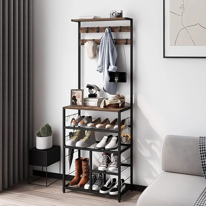 GiftGo Vintage Large 5-Tier Hall Tree with Console Table Entryway Coat Rack Floor Standing Shoes Rack Storage Shelf Organizer for Home Office Bedroom (Rustic Brown)