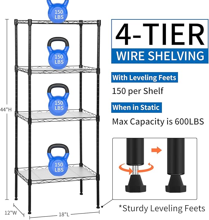 YRLLENSDAN Wire Shelving Unit with PP Liners, 4 Tier Metal Storage Shelves for Laundry Room Organization, Closet Shelf Organizer, Kitchen Rack, Garage Storage, Black, 18" x 12" x 44" ﻿