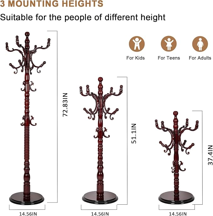 Solid Wood Coat Rack, Free Standing Hall Coat Tree with 14 Hooks, 3 Height Options, 300lbs Load, Stury Base, Clothes Rack for Entryway, Hallway, Bedroom (Disc Base - Rosewood)