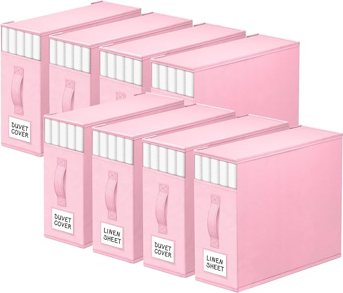 8 Pack Bed Sheet Closet Organizers and Storage,Sturdy Foldable Storage Containers with Window and Label,Storage and Organization for Bedding Sheets,Duvet Covers,Blankets (Pink)