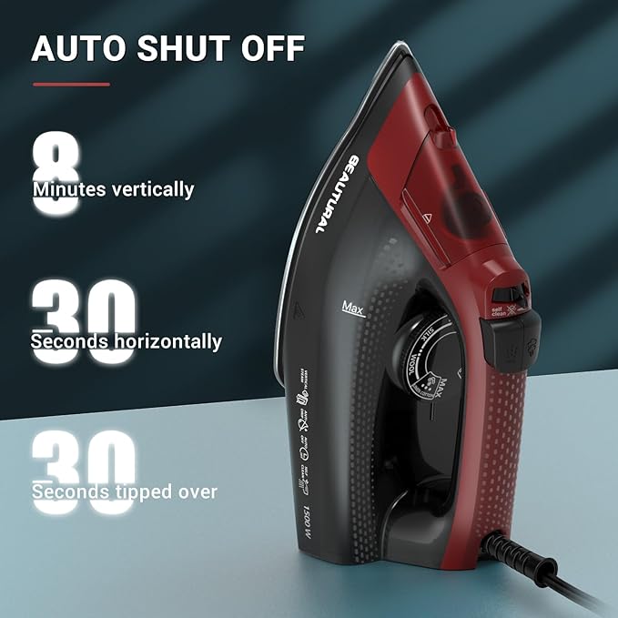 BEAUTURAL Steam Iron for Clothes, Ceramic-Coated Soleplate with Burst Steam, 3-Way Auto Shutoff, Anti-Drip and Anti-Calc, Self-Cleaning, 1500W Powerful for Home Use