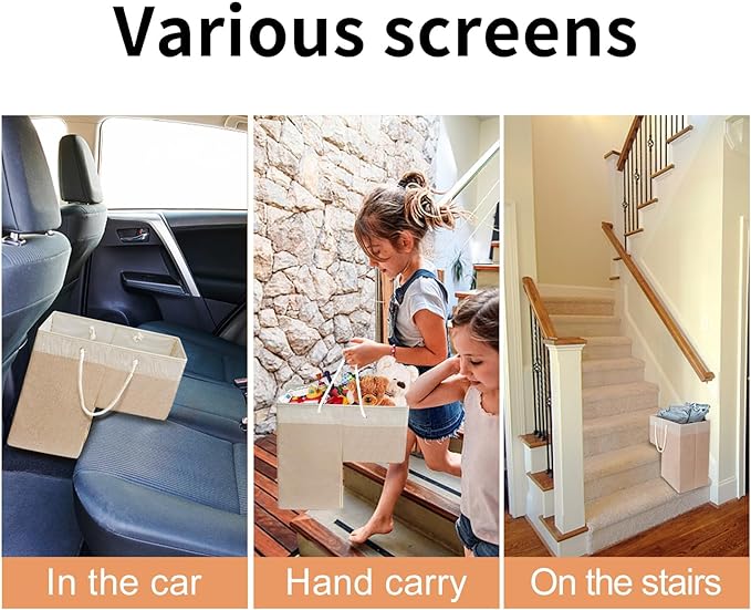 Stair Basket for Stairs with Handle, Staircase Baskets for Carpeted and Wooden Stairs,16" Step Storage Basket for Toys, Clothes, Books, Tools, with Hard Board, Anti-slip (Beige, 2 pack)