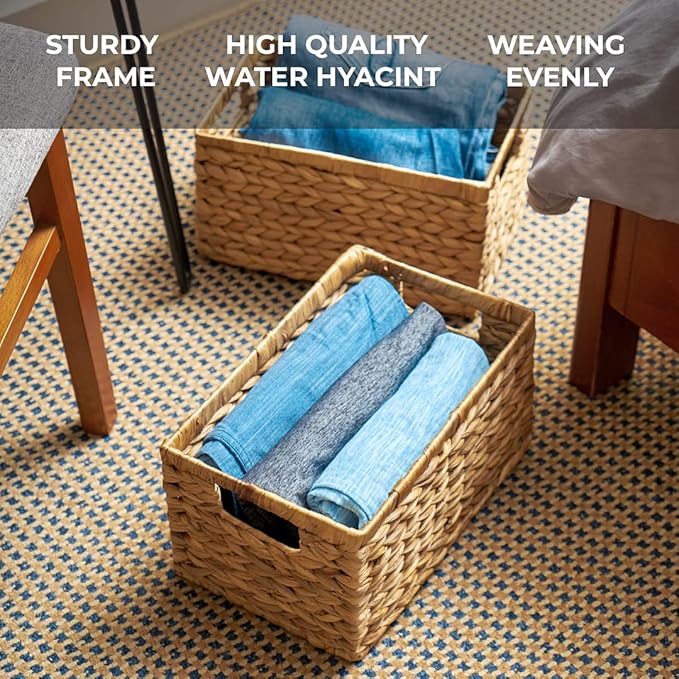 BARIEN Set of 6 Natural Water Hyacinth Woven Storage Baskets 12.6” x 8” x 7”, Rectangular Wicker Basket with Built-in Handles, Medium (Natural - Set of 6)