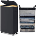 Goodpick Slim Laundry Basket with Wheels and Lid, 75L Rolling Laundry Hamper for Dorm Home Decor, Large Clothes Hamper with Bamboo Frame Removable Bag, Black, 17" x 9.8" x 29.5"