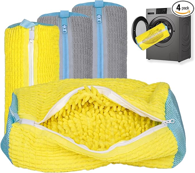 Shoe Washing Machine Bag, 4 Pcs Laundry Shoe Bags for Washer and Dryer with Chenille Liner, Large Reusable Mesh Bag for Sneakers, Gym, Tennis, Sports, Delicate, 2 Color Mix(Yellow+Gray)