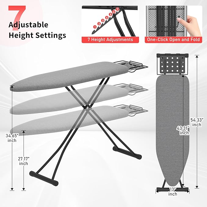 Ironing Board with Porous Iron Rest, 7 Adjustable Heights, 43" x 13", 3-Layer Heat-Resistant Cover & Pad for Home Laundry, Gray