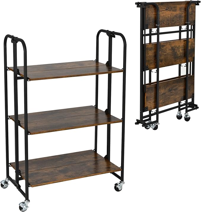 Giantex Foldable Storage Shelves with Wheels, No Assembly 3-Tier Rolling Cart, 2 of The Wheels Have Locks, Microwave Utility Cart Baker Rack, Portable Storage Rack w/Metal Frame, for Kitchen, RV