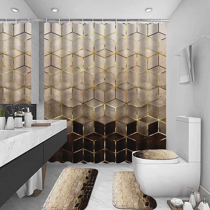 4Pcs Brown Gradient Shower Curtain Set, Modern Geometric Shower Curtain Set Golden Cubic Lines Bathroom Set Texture Art Bath Accessories with Mats