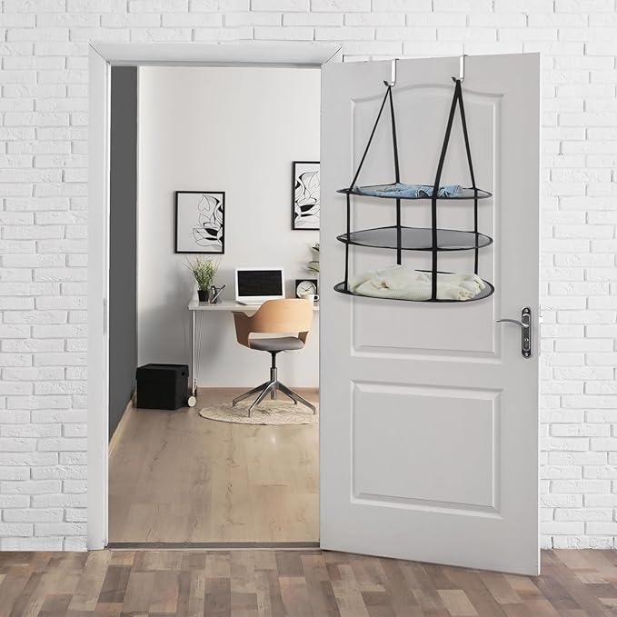 2 Pcs 3 Tier Sweater Drying Rack Flat Over The Door Folding Drying Rack Large Lay Laundry Hanging Dryer Mesh Clothes Dry Hanger for Apartments Dorms Bathrooms (Black,30 x 23.7 x 35.4 Inch)