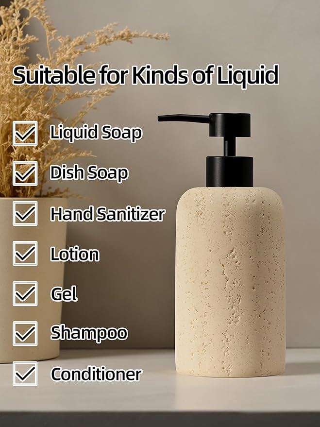 Soap Dispensers 340ML 11OZ, 2PCS Luxurious Hand Dish Shampoo Lotion Soap Dispenser Jar, Travertine Soap Pump Bottles for Kitchen Bathroom Countertop (Faint Yellow)