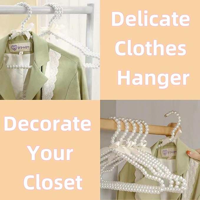 16 inch Pearl Hanger Cute Ribbon Bow Hanger Metal Elegant Clothes Hangers for Wedding Dress Photographing or Decorate Your Closet (5, White)