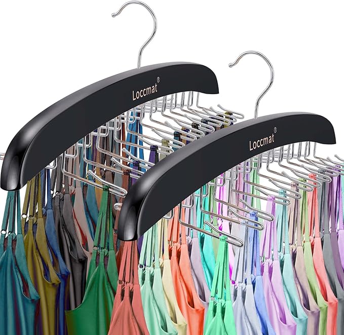 2Pcs Tank Top Hanger,Wood Bra Hanger with 24 Foldable Metal Hooks,360° Rotating Tank Hook,Tie Racks for Men Closet,Space Saving Closet Organizer for Tank Tops Bra Tie Belt Scarf Camisole,Black