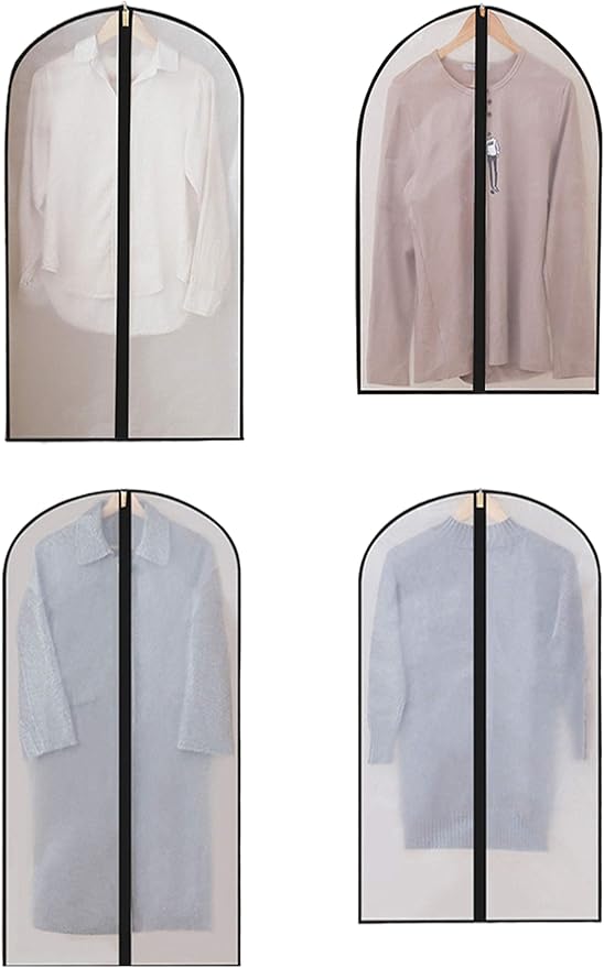 Clear Clothes Covers Hanging Dust Proof Garment Bags with Zipper for Coat Dress Gowns Shirts Jacket Sweater Black Edge Pack 4