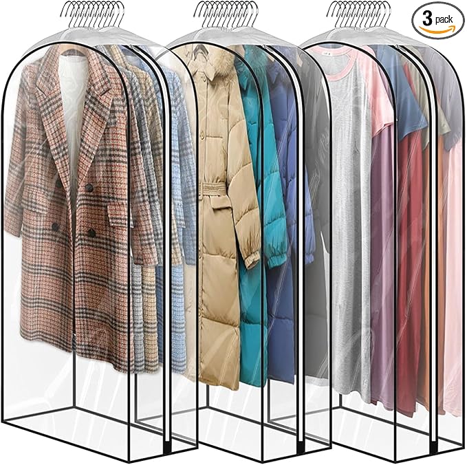 40" Clear Clothes Hangers with Smooth Side Zipper, 10" Gusseted Waterproof Garment Bags for Shirts, Coats, Dresses, Suits, 3 Pack