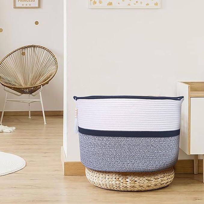 Large Woven Rope Laundry Hamper, Cotton Rope Storage Basket with Handles, Multipurpose Storage Basket for Laundry, Toys, Blankets in Bedroom, Bathroom, Living Room - Stylish & Durable (Black, 100L)