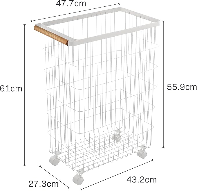 Yamazaki Home Wire Slim Saving Rolling Wheeled Clothing Hamper | Steel + Wood | Laundry Basket, One Size, White