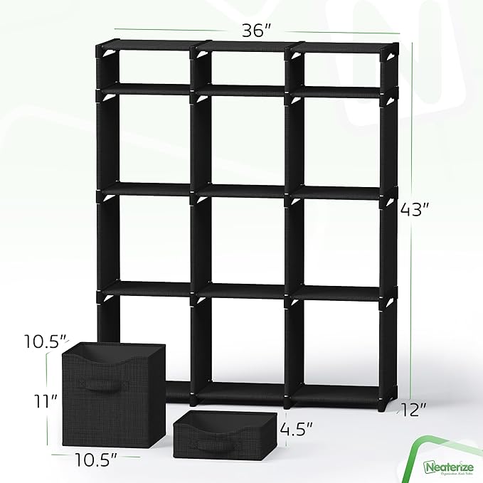 12 Cube Storage Organizer With Bins Included - Closet Storage With 12 Storage Bins - Easy To Assemble Storage Unit With Drawers - Closet Organization For Clothes, Bedroom, Nursery, & Toys (Black)