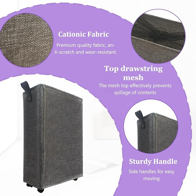 Slim Rolling Laundry Basket with Wheels, 42L Narrow Laundry Hamper with Mesh Drawstring Cover & Handles, Collapsible Dirty Clothes Bin for Small Spaces, Dorm, Apartment, Bathroom, Dark Grey