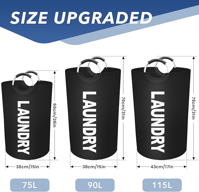 75L Large Laundry Basket, Freestanding Waterproof Laundry Hamper, Collapsible Folding Tall Clothes Hamper, Easy Carry with Foam Protected Aluminum Handles for Dorm, Family, Travel (Black)