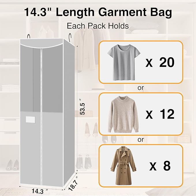 STO STO 2 Pack Garment Bag for Hanging Clothes Closet, Hanging Garment Cover with Built-in Steel Hanging Rod, Hanging Wardrobe Storage Bag for Suit, Dress with Clear Window, Zipper, ID Card, Gray