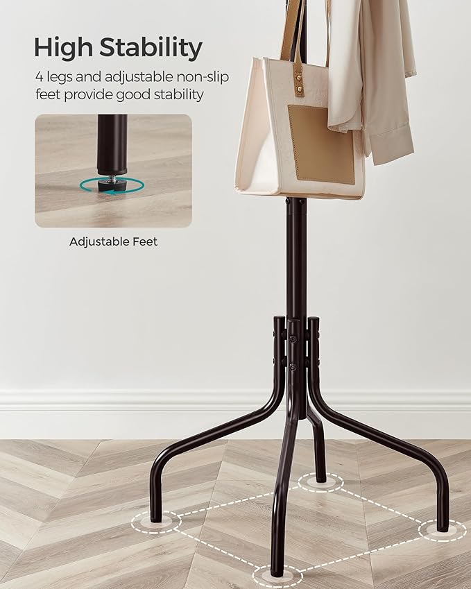 SONGMICS Coat Rack Freestanding, Metal Coat Rack Stand with 12 Hooks and 4 Legs, Holds Clothes, Hats, and Bags, for Entryway, Living Room, Bedroom, Brown URCR031Z01